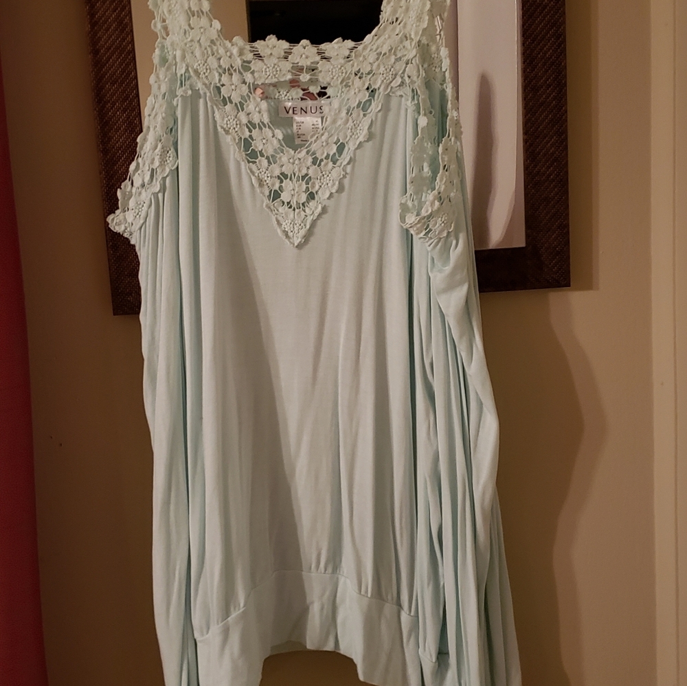 Mint green lace detailed cold shoulder blouse